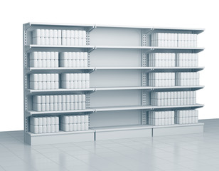 
Empty shelves in the supermarket.Shelves with many goods in perspective. 3D rendering