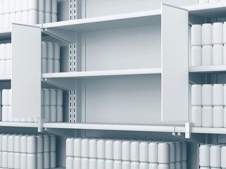 
Empty shelves in the supermarket.Shelves with many goods in perspective. 3D rendering