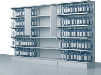 
Empty shelves in the supermarket.Shelves with many goods in perspective. 3D rendering