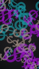 Multicolored translucent dollar signs on dark background. Red tones. 3D illustration