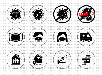 Covid-19 icon set, 12 mono color icon set for Covid-19 project, just stay at home