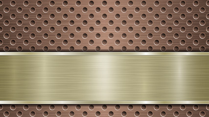 Background of bronze perforated metallic surface with holes and horizontal golden polished plate with a metal texture, glares and shiny edges