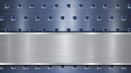 Background of blue perforated metallic surface with holes and horizontal silver polished plate with a metal texture, glares and shiny edges