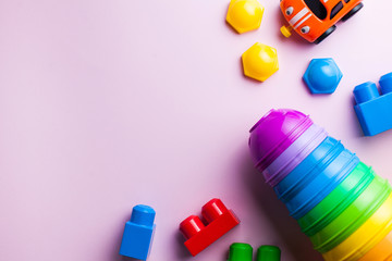  Kids flatlay designer, cars. The concept of development and parenting. Leisure and hobbies of the...