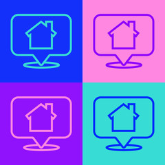 Pop art line Map pointer with house icon isolated on color background. Home location marker symbol.  Vector Illustration