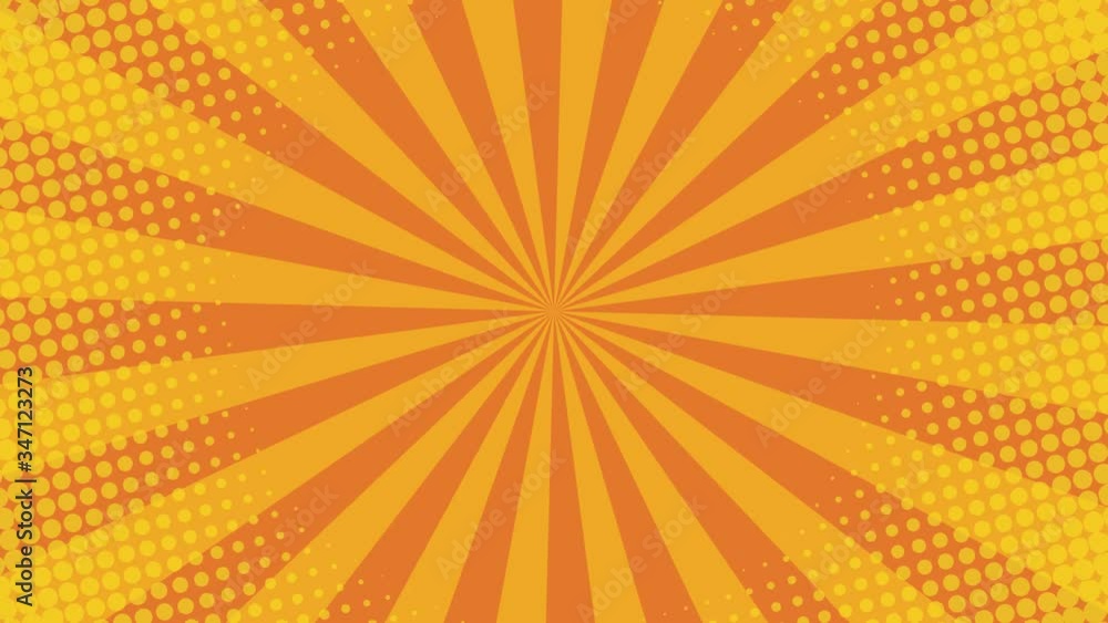Poster yellow radial lines and halftone dots rotates on an orange background. minimal seamless retro pop ar