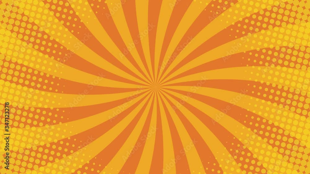 Poster yellow radial lines and halftone dots rotates on an orange background. minimal seamless retro pop ar