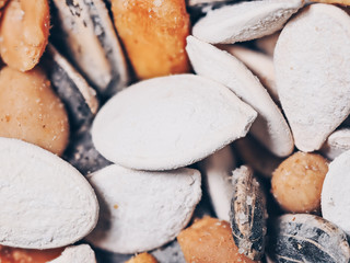 Delicious salted snacks, close up