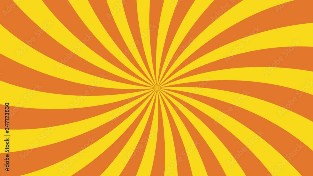 Poster curve yellow radial lines rotates on an orange background. minimal seamless retro pop art animation