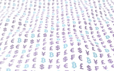 Bitcoin and currency on a white background. Digital crypto currency symbol. Wave effect, currency market fluctuations. Business concept. 3D illustration