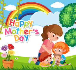 Template design for happy mother's day with mom and children in the park