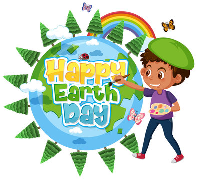 Poster design for happy earth day with boy parinting the earth
