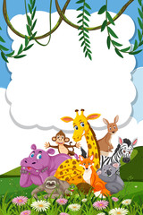 Obraz na płótnie Canvas Border template design with many wild animals in background