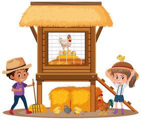 Two happy kids and chicken coop on white background © brgfx
