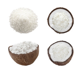 Set with fresh coconut flakes isolated on white