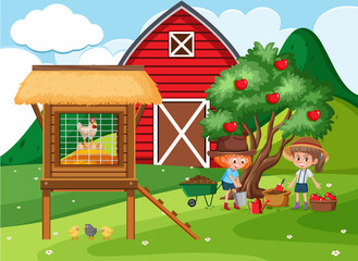 Obraz na płótnie Canvas Farm scene with girls picking apples in the garden
