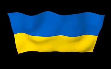 The flag of Ukraine on a dark background. National flag and state ensign. Blue and yellow bicolour. 3D illustration waving flag