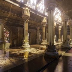 A hyper-realistic fantasy 3D interior of a temple. Majestic pillars, arches, vitreous  and dreamy atmosphere follows this image.  Luxurious golden details and cinematic view.   © HWWO Stock