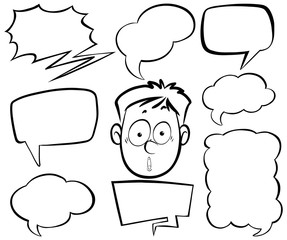 Doodle drawing of man and speech bubbles on white background