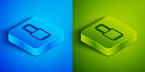 Isometric line Lock icon isolated on blue and green background. Padlock sign. Security, safety, protection, privacy concept. Square button. Vector Illustration