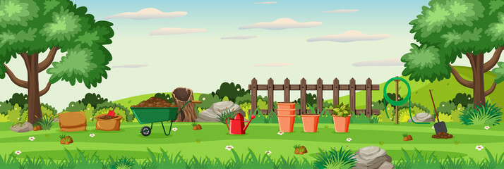 Obraz na płótnie Canvas Background scene with gardening equipments in the garden