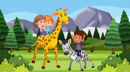 Selbstklebende Fototapeten Zoo Scene with children playing with animals in the park  © brgfx