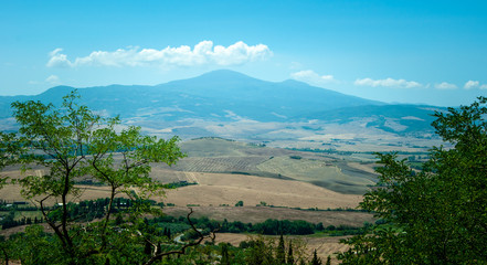 Monte Amiata in blue sky from Montepulciano with little white clouds at the peak, in the summer with Acacia Trees in the foreground.