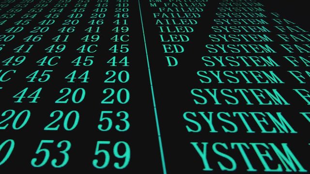 Program HEX SYSTEM FAILED text code on scientific device screen, green text ASCI information, 4K UHD video