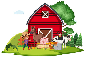 Farm scene with farmboy and many animals on the farm