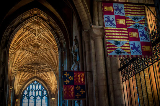 Interior lighting and flags inside Peterborough Cathedral