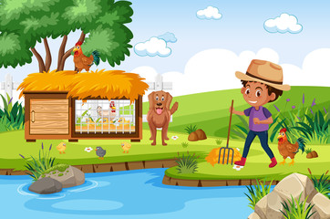 Background scene with chicken coop and farmboy