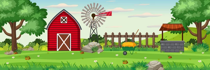 Tuinposter Background scene with red barn on the farm © brgfx