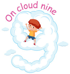 English idiom with picture description for on cloud nine on white background