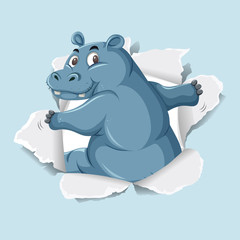 Background template design with wild hippo on blue paper