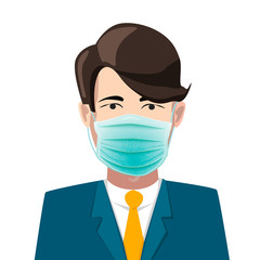 Man avatar with green medical face mask on white