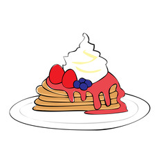 ブルーベリーと苺と苺ソースがかかったパンケーキ