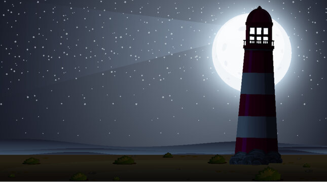 Silhouette scene wtih lighthouse at night time