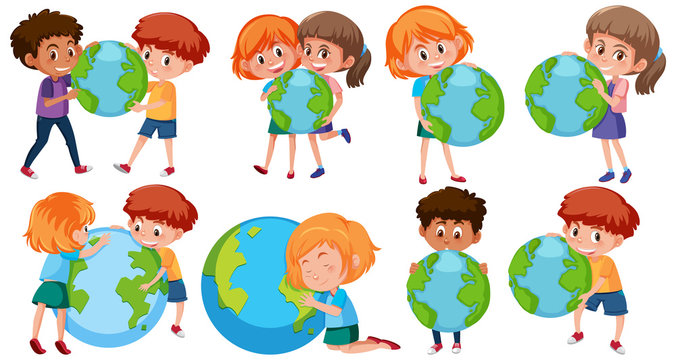 Happy boys and girls holding earth on white background