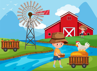 Farm scene with kids working on the farm