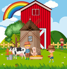 Farm scene with farmes and animals on the farm