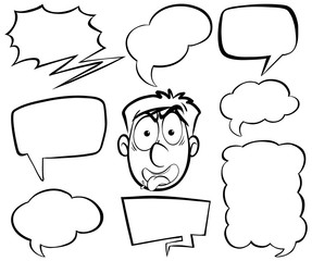 Doodle drawing of angry man and speech bubbles on white background