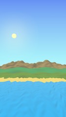 Sun Sea Beach. Noon. Ocean shore line with waves on a beach. Island beach paradise with waves. Vacation, summer, relaxation. Seascape, seashore. Minimalist landscape, primitivism. 3D illustration