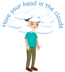 English idiom with picture description for have your head in the clouds on white background