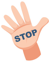 Right hand with word stop on white background