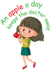 English idiom with picture description for an apple a day keeps the doctor away on white background