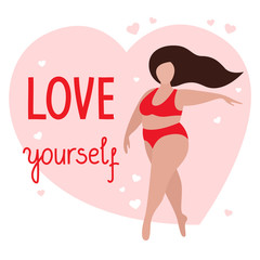 Fat white woman in red underwear or bathing suit with her hair down is dancing. The text 