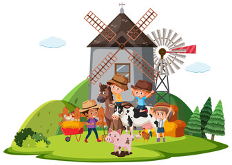 Naklejka premium Farm scene with many children and animals on the farm