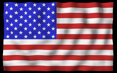 Naklejka premium Waving flag of the United States of America on a dark background. Stars and Stripes. State symbol of the USA. 3D illustration