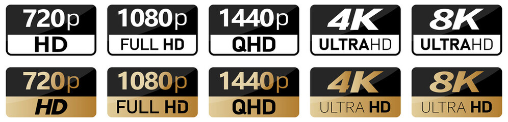 Black, white and golden video or screen resolution icons. Set from 720p to 8k