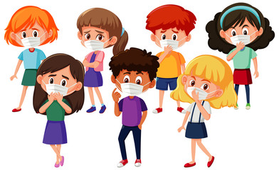 Boys and girls wearing mask on white background
